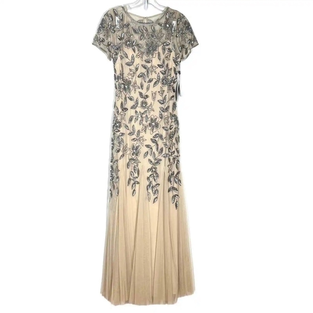 New Adrianna Papell Dress Hand Beaded Short Sleeve Floral Godet Gown Size 14 New - Picture 5 of 11